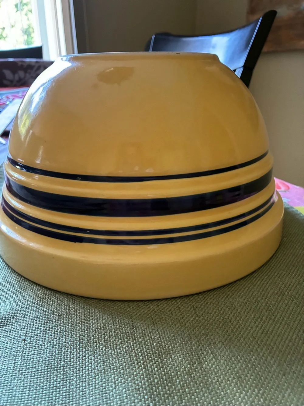 Vintage large farmhouse yellow Mixing Bowl with Navy Blue Stripes